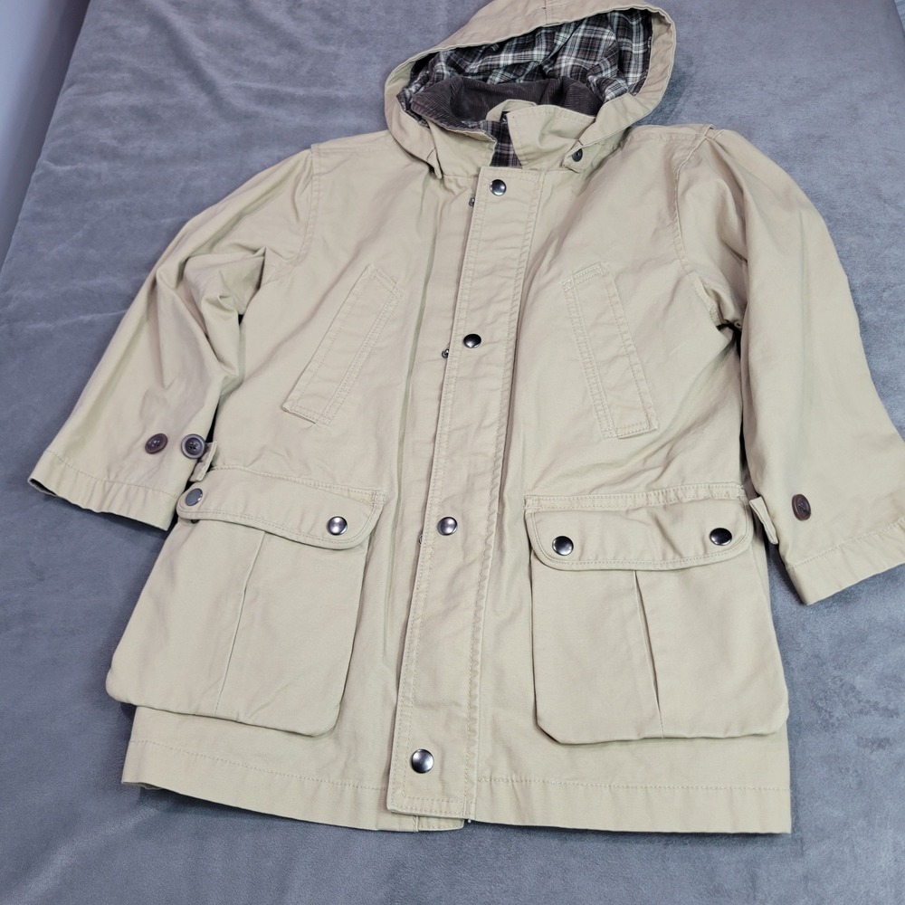 Gap Kid 7 Tan Khaki Plaid Lined Hooded Field Jacket Utility Barn Coat Fall Chore